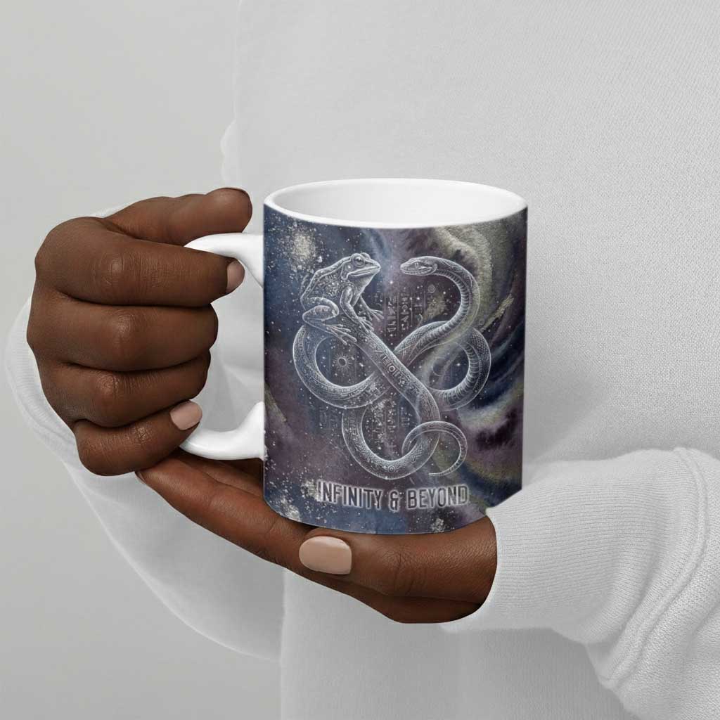 Egyptian Heh and Hauhet Ceramic Mug Serpent Duo Design Cosmic Infinity and Eternal Balance Motif