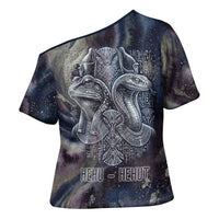 Egyptian Heh and Hauhet Cross Shoulder Shirt Serpent Duo Design Cosmic Infinity and Eternal Balance Motif
