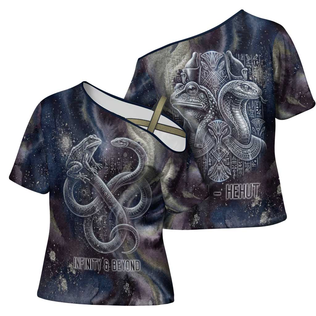 Egyptian Heh and Hauhet Cross Shoulder Shirt Serpent Duo Design Cosmic Infinity and Eternal Balance Motif