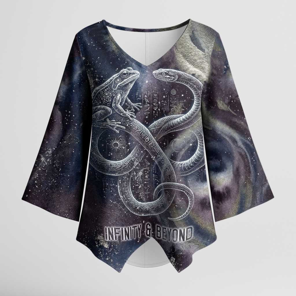 Egyptian Heh and Hauhet Kimono Sleeve Blouse Serpent Duo Design Cosmic Infinity and Eternal Balance Motif