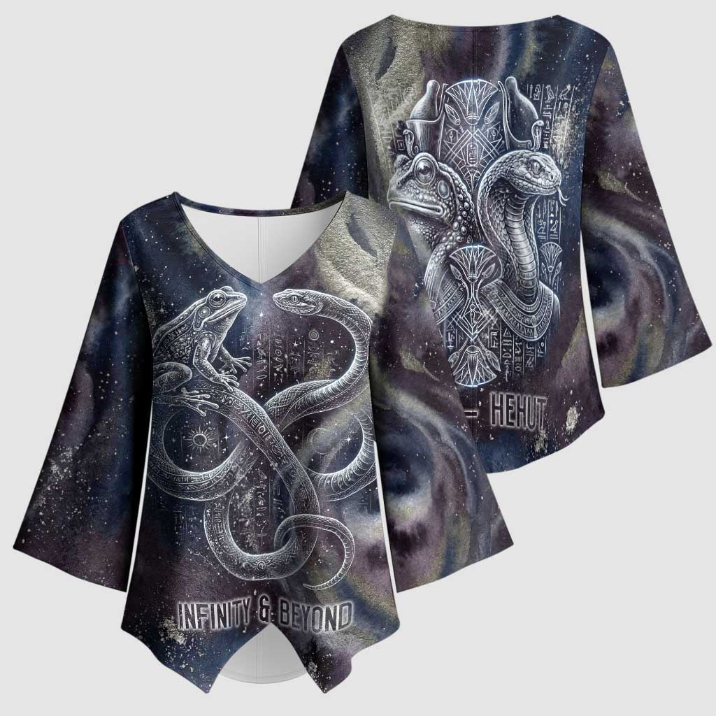 Egyptian Heh and Hauhet Kimono Sleeve Blouse Serpent Duo Design Cosmic Infinity and Eternal Balance Motif