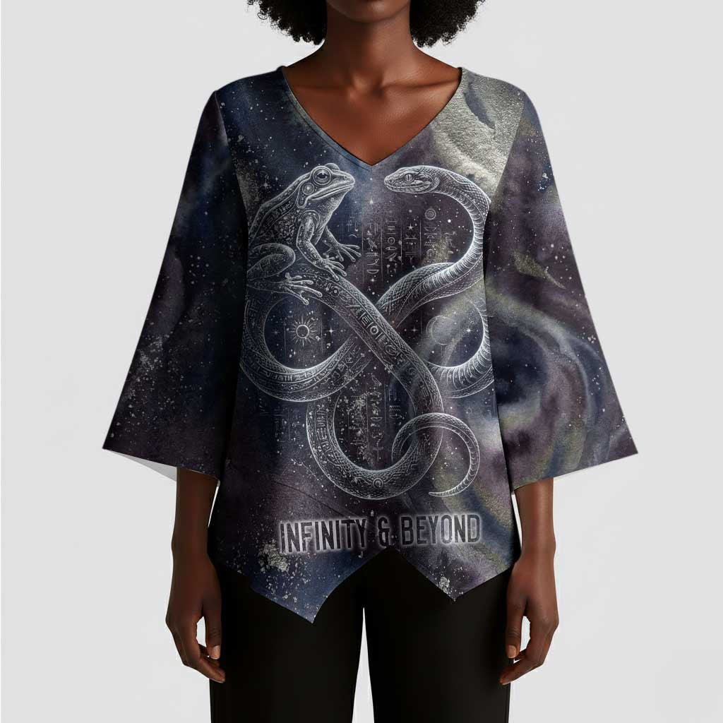 Egyptian Heh and Hauhet Kimono Sleeve Blouse Serpent Duo Design Cosmic Infinity and Eternal Balance Motif