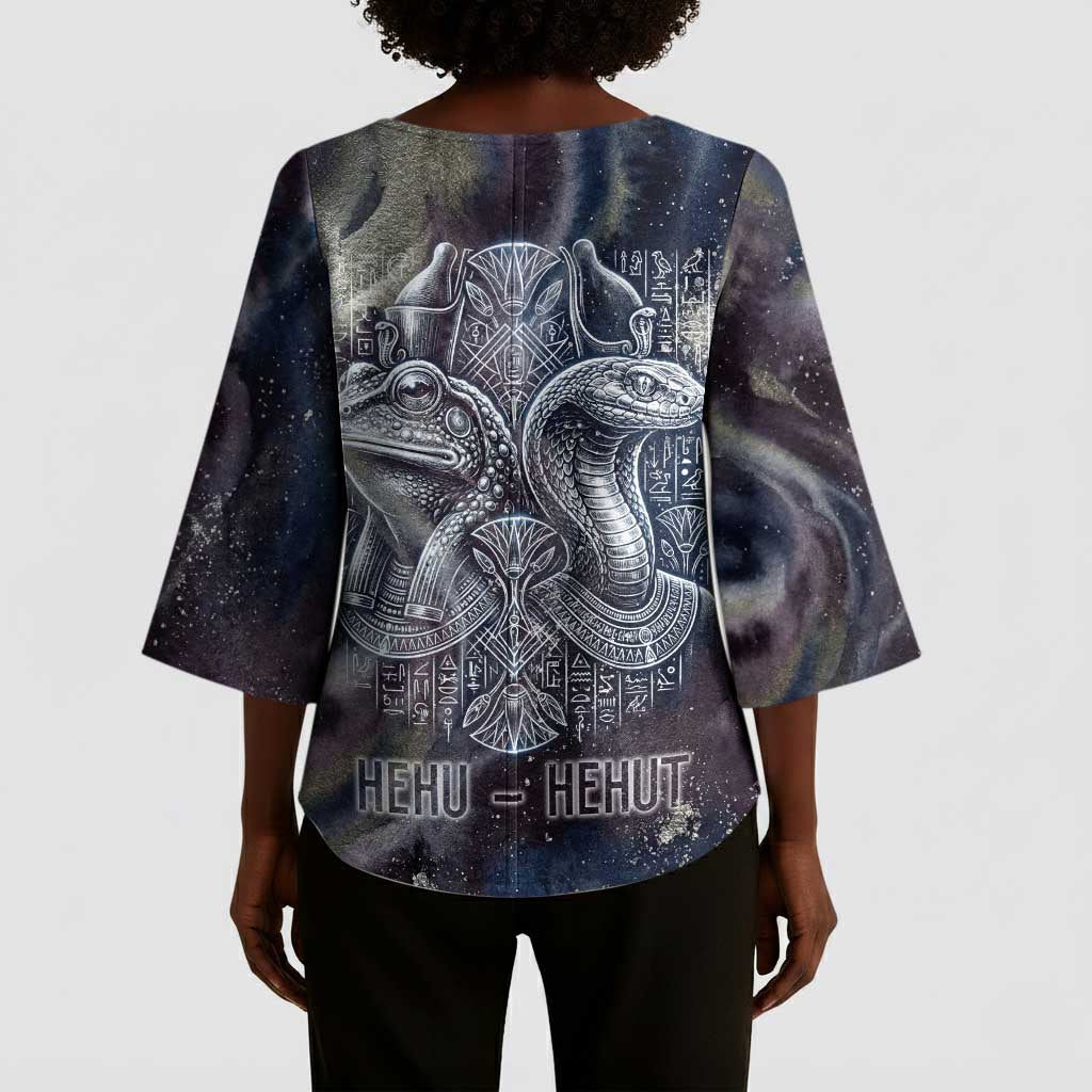 Egyptian Heh and Hauhet Kimono Sleeve Blouse Serpent Duo Design Cosmic Infinity and Eternal Balance Motif