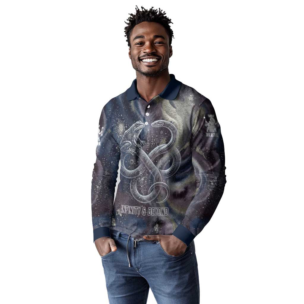 Egyptian Heh and Hauhet Long Sleeve Polo Shirt Serpent Duo Design Cosmic Infinity and Eternal Balance Motif