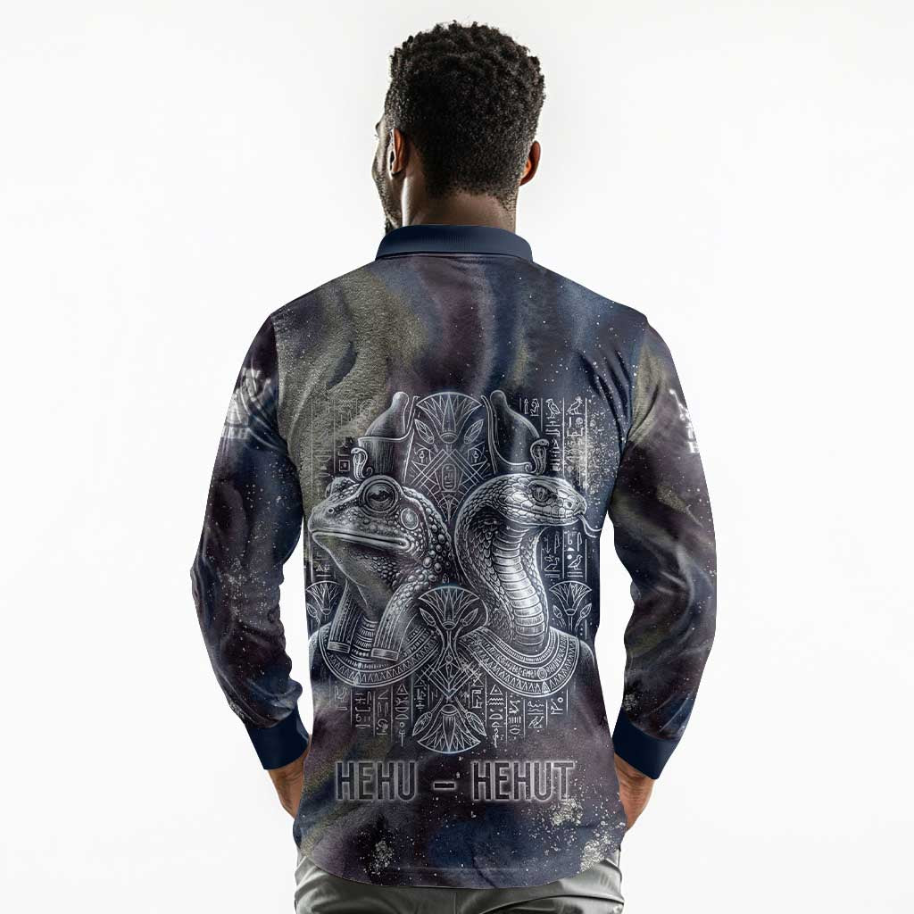Egyptian Heh and Hauhet Long Sleeve Polo Shirt Serpent Duo Design Cosmic Infinity and Eternal Balance Motif