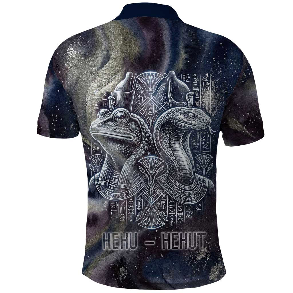 Egyptian Heh and Hauhet Polo Shirt Serpent Duo Design Cosmic Infinity and Eternal Balance Motif