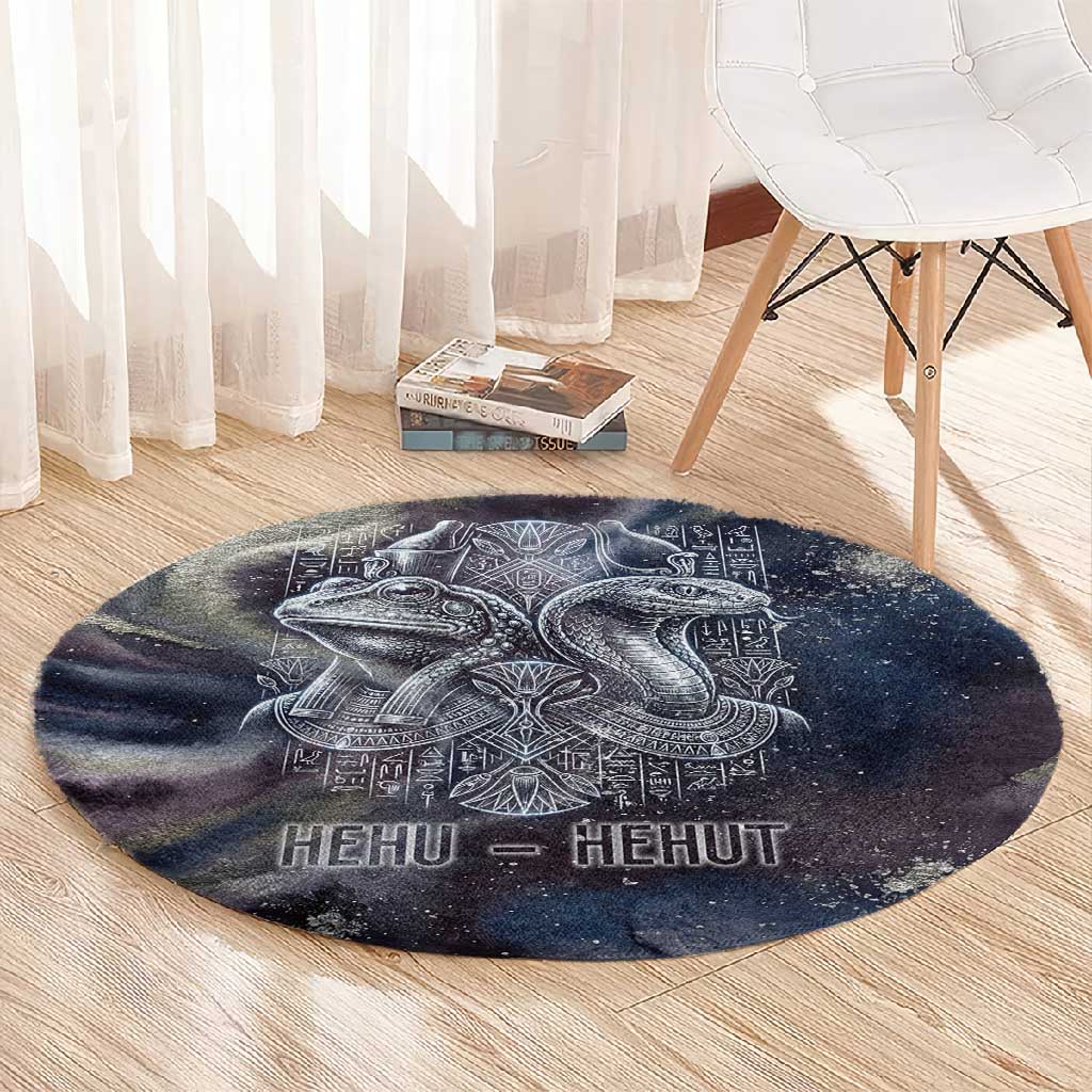 Egyptian Heh and Hauhet Round Carpet Serpent Duo Design Cosmic Infinity and Eternal Balance Motif