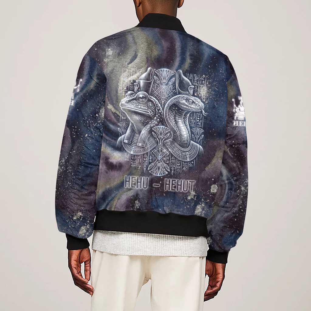Egyptian Heh and Hauhet Sleeve Zip Bomber Jacket Serpent Duo Design Cosmic Infinity and Eternal Balance Motif