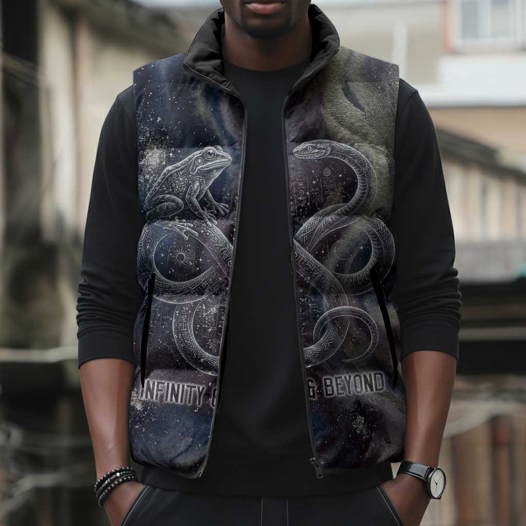 Egyptian Heh and Hauhet Sleeveless Puffer Jacket Serpent Duo Design Cosmic Infinity and Eternal Balance Motif