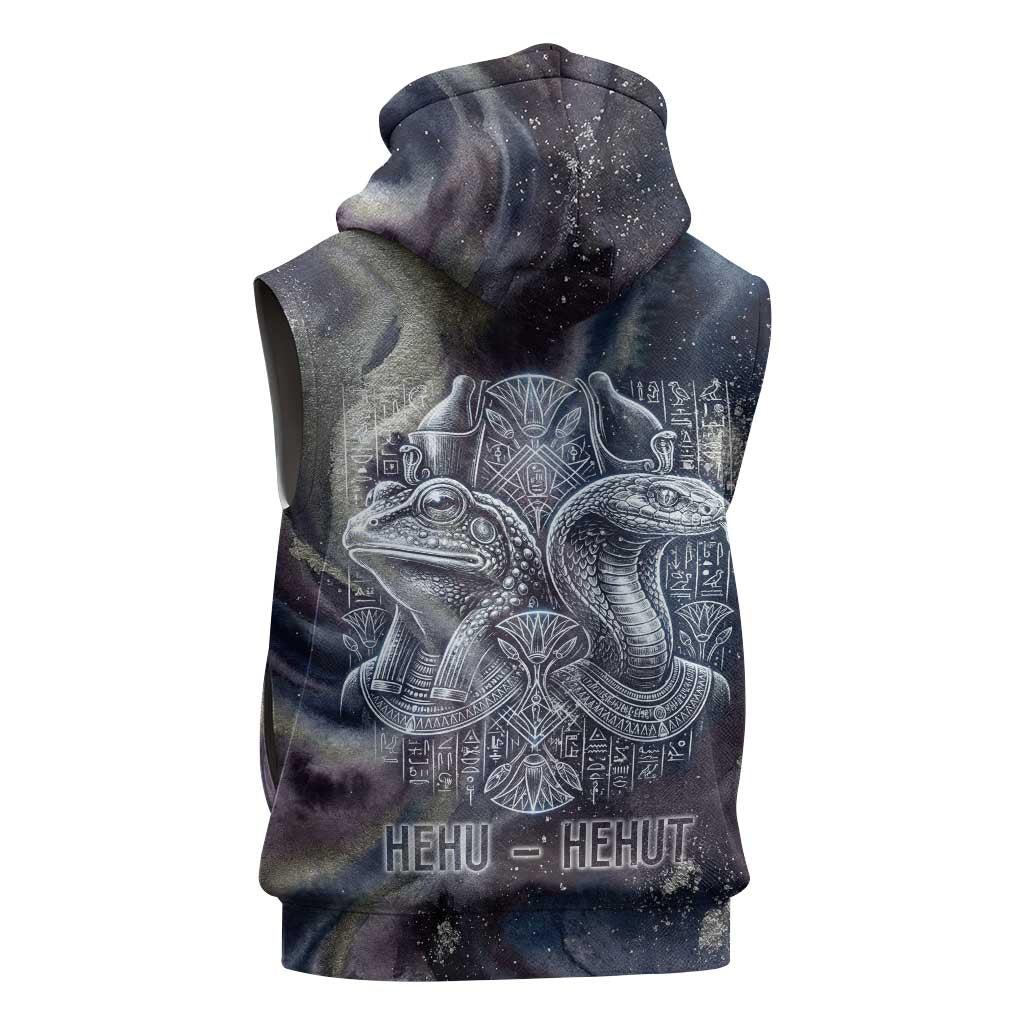 Egyptian Heh and Hauhet Sleeveless Zip Hoodie Serpent Duo Design Cosmic Infinity and Eternal Balance Motif