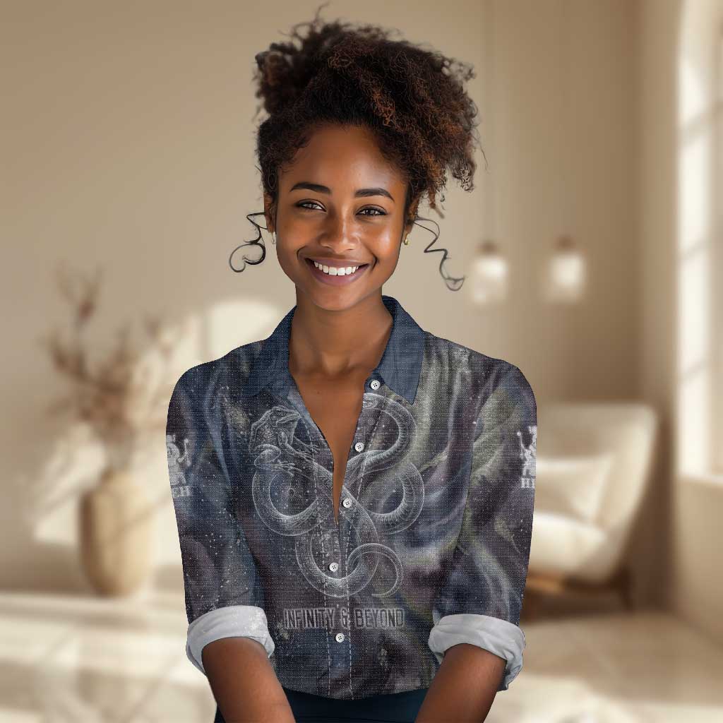 Egyptian Heh and Hauhet Women Casual Shirt Serpent Duo Design Cosmic Infinity and Eternal Balance Motif