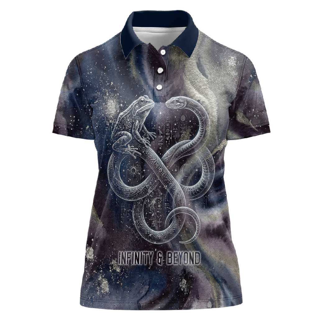 Egyptian Heh and Hauhet Women Polo Shirt Serpent Duo Design Cosmic Infinity and Eternal Balance Motif