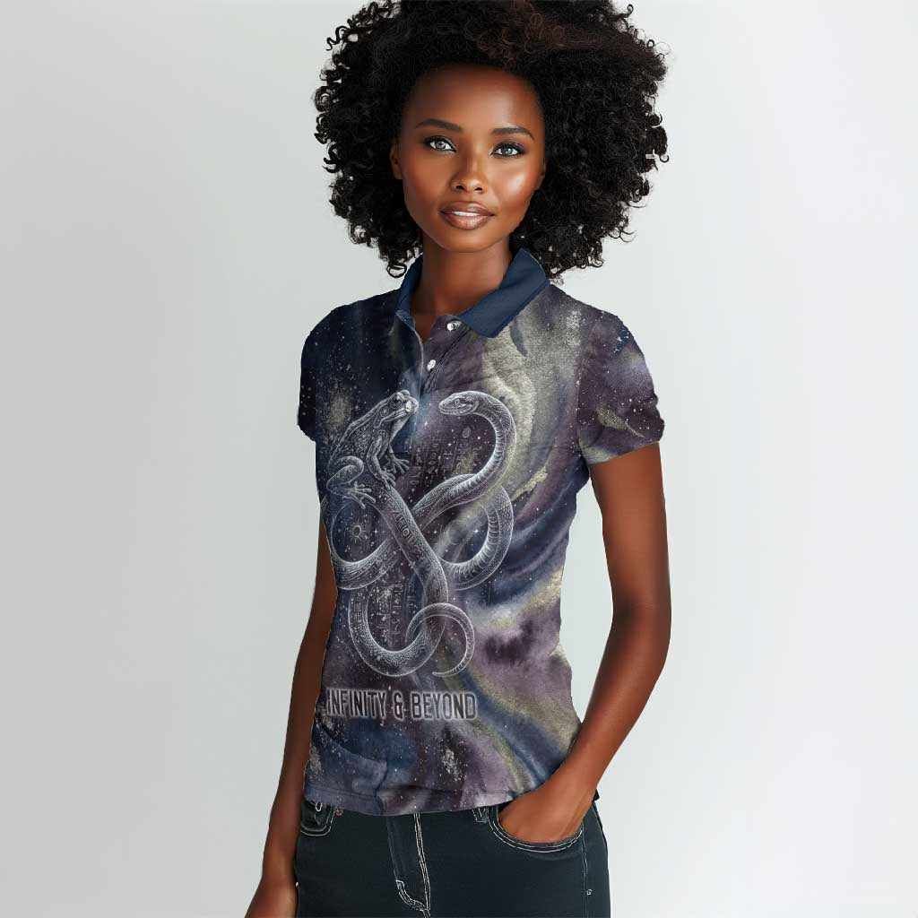 Egyptian Heh and Hauhet Women Polo Shirt Serpent Duo Design Cosmic Infinity and Eternal Balance Motif