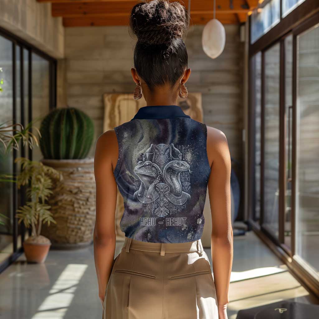 Egyptian Heh and Hauhet Women Sleeveless Polo Shirt Serpent Duo Design Cosmic Infinity and Eternal Balance Motif