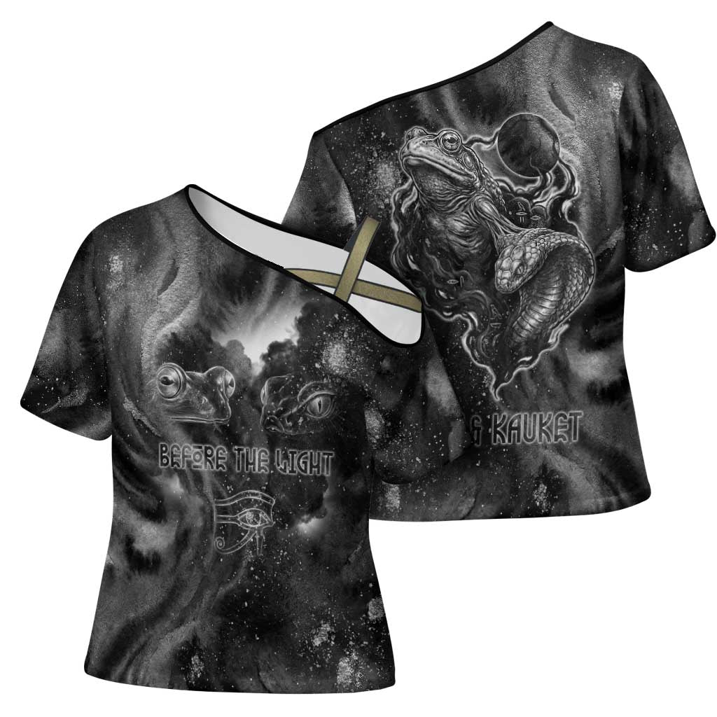 Kek and Kauket Egyptian Cross Shoulder Shirt Primordial Darkness Design Cosmic Frogs and Serpents