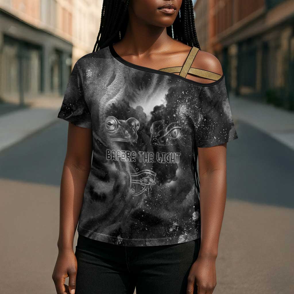 Kek and Kauket Egyptian Cross Shoulder Shirt Primordial Darkness Design Cosmic Frogs and Serpents