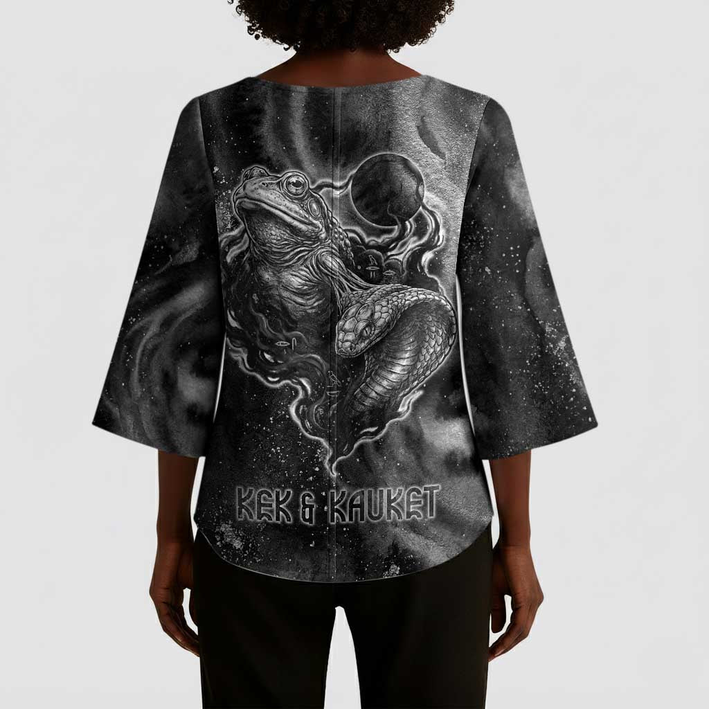 Kek and Kauket Egyptian Kimono Sleeve Blouse Primordial Darkness Design Cosmic Frogs and Serpents