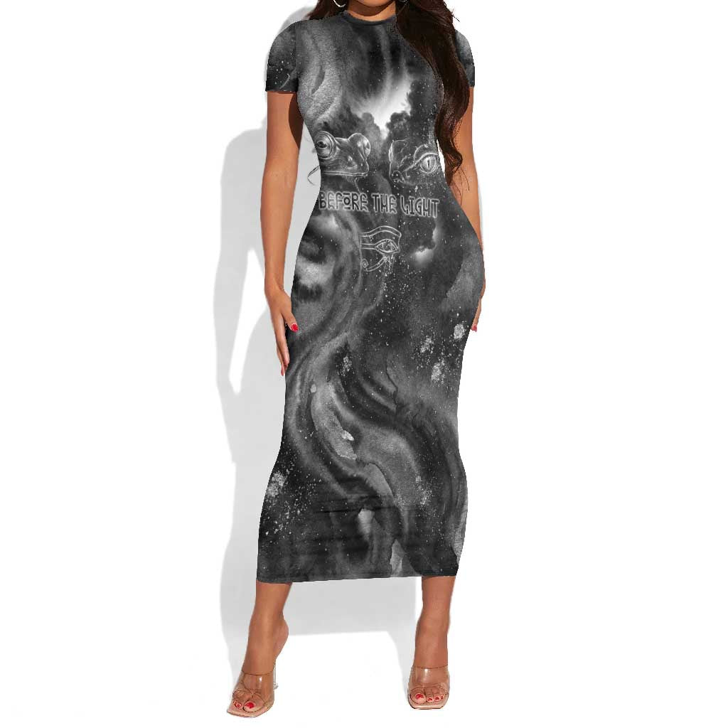 Kek and Kauket Egyptian Short Sleeve Bodycon Dress Primordial Darkness Design Cosmic Frogs and Serpents