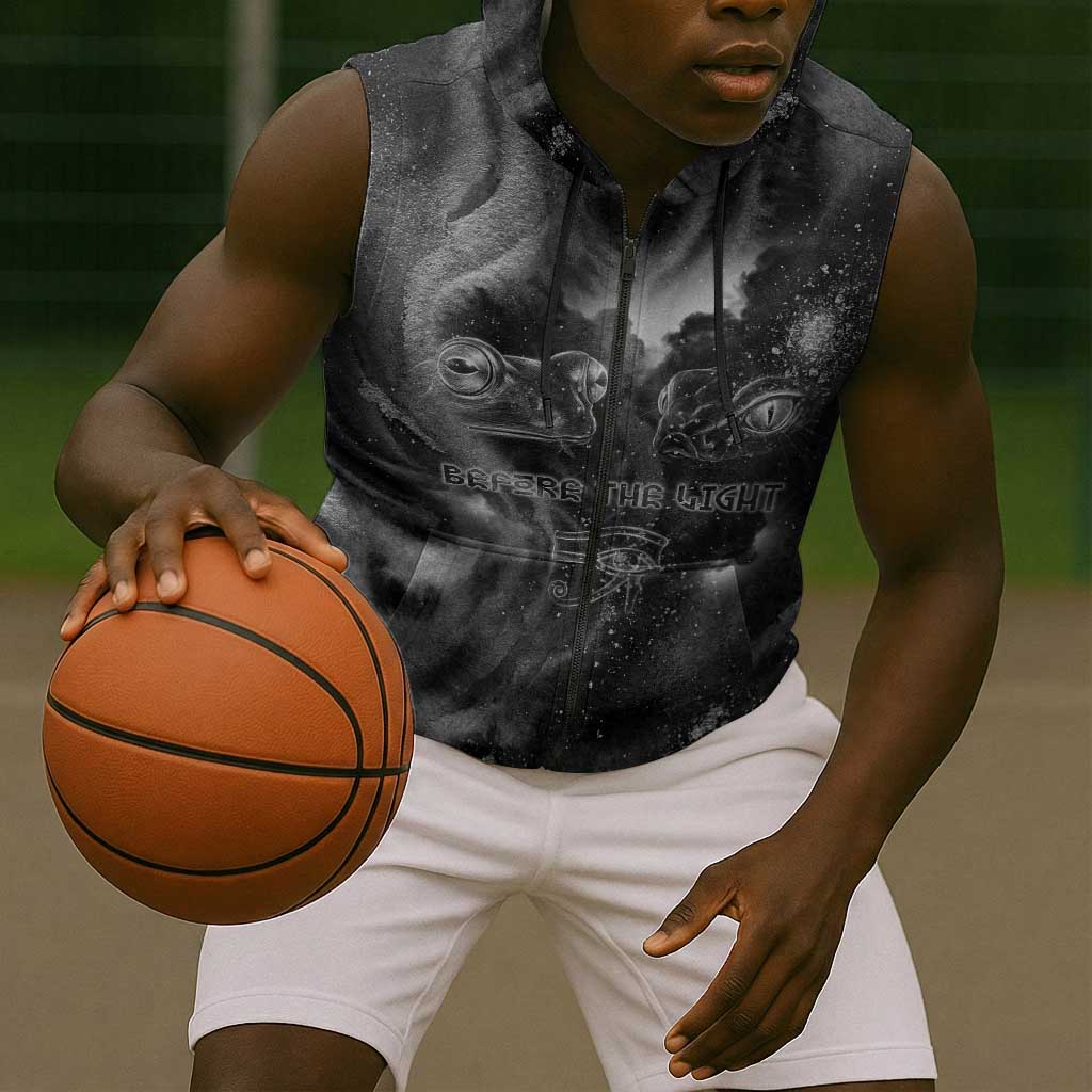 Kek and Kauket Egyptian Sleeveless Zip Hoodie Primordial Darkness Design Cosmic Frogs and Serpents