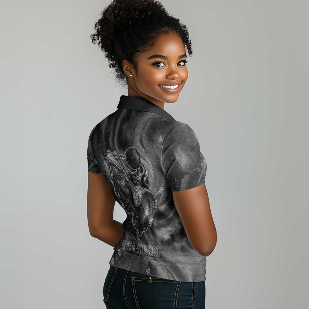 Kek and Kauket Egyptian Women Polo Shirt Primordial Darkness Design Cosmic Frogs and Serpents