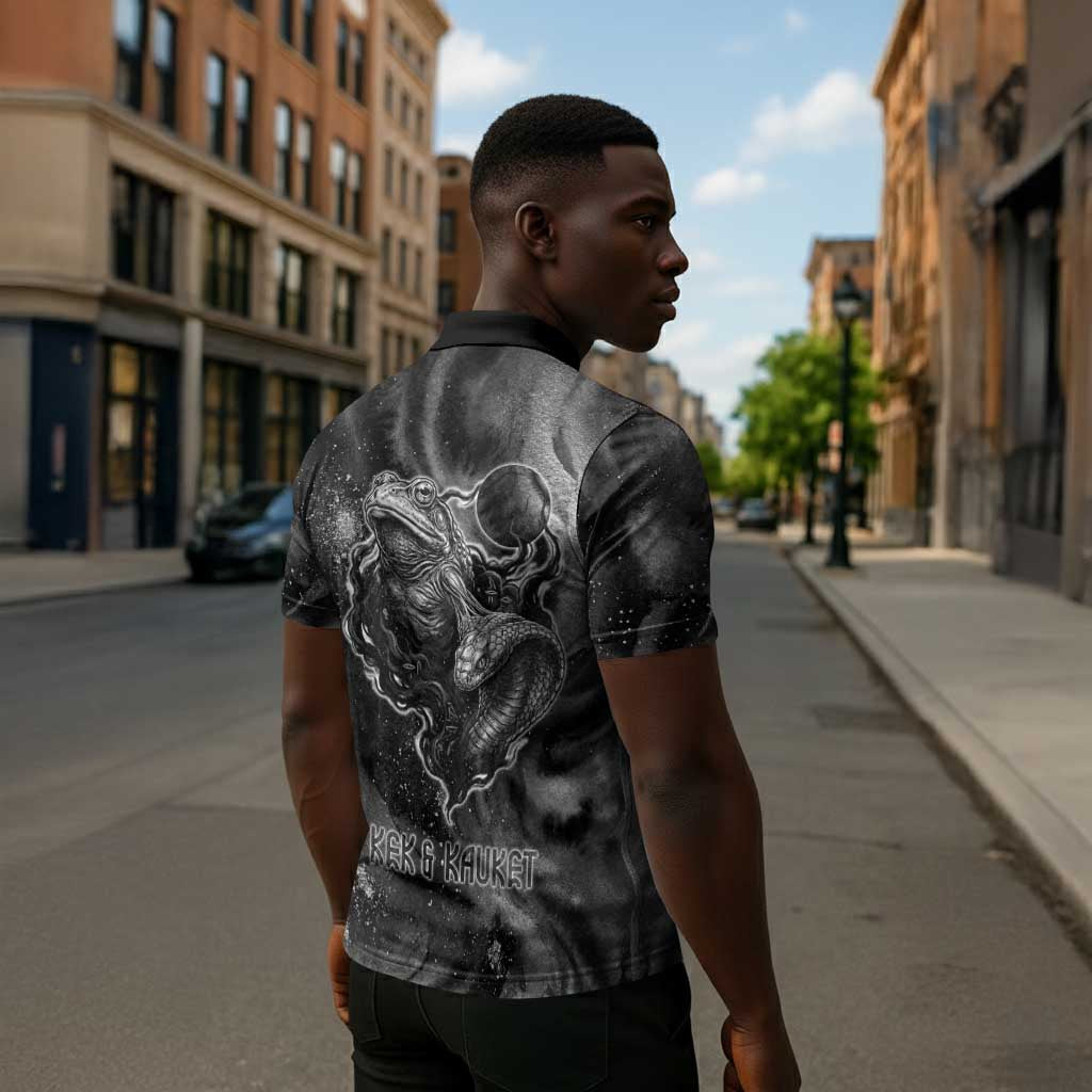 Kek and Kauket Egyptian Zipper Polo Shirt Primordial Darkness Design Cosmic Frogs and Serpents