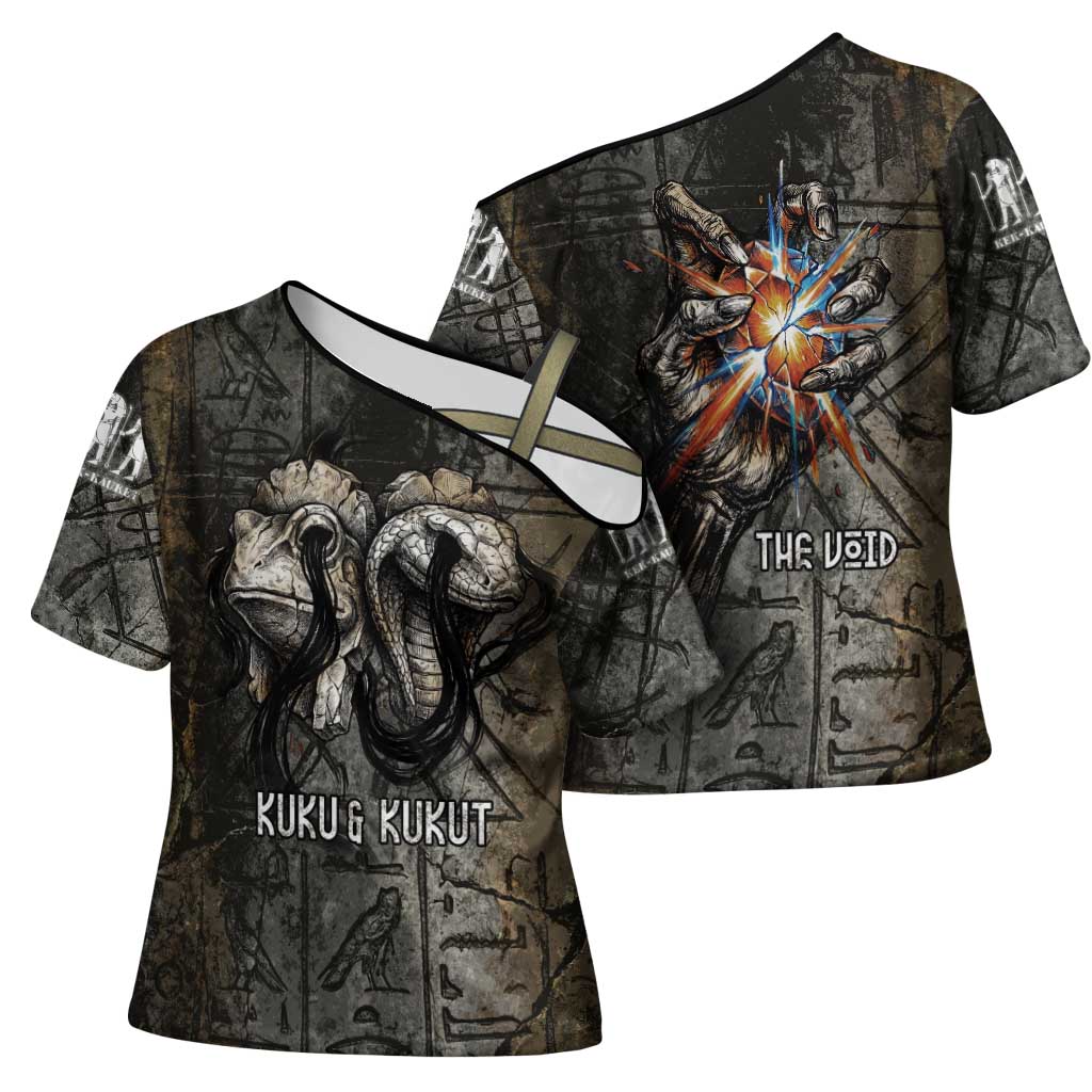 Egypt Kek and Kauket Cross Shoulder Shirt Ancient Void Theme with Frog and Serpent Duality