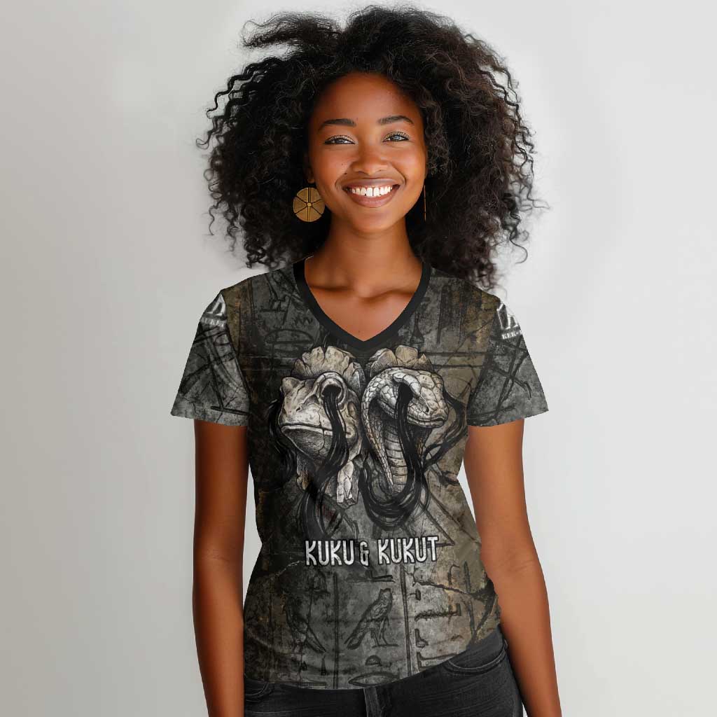 Egypt Kek and Kauket Women V-Neck T-Shirt Ancient Void Theme with Frog and Serpent Duality