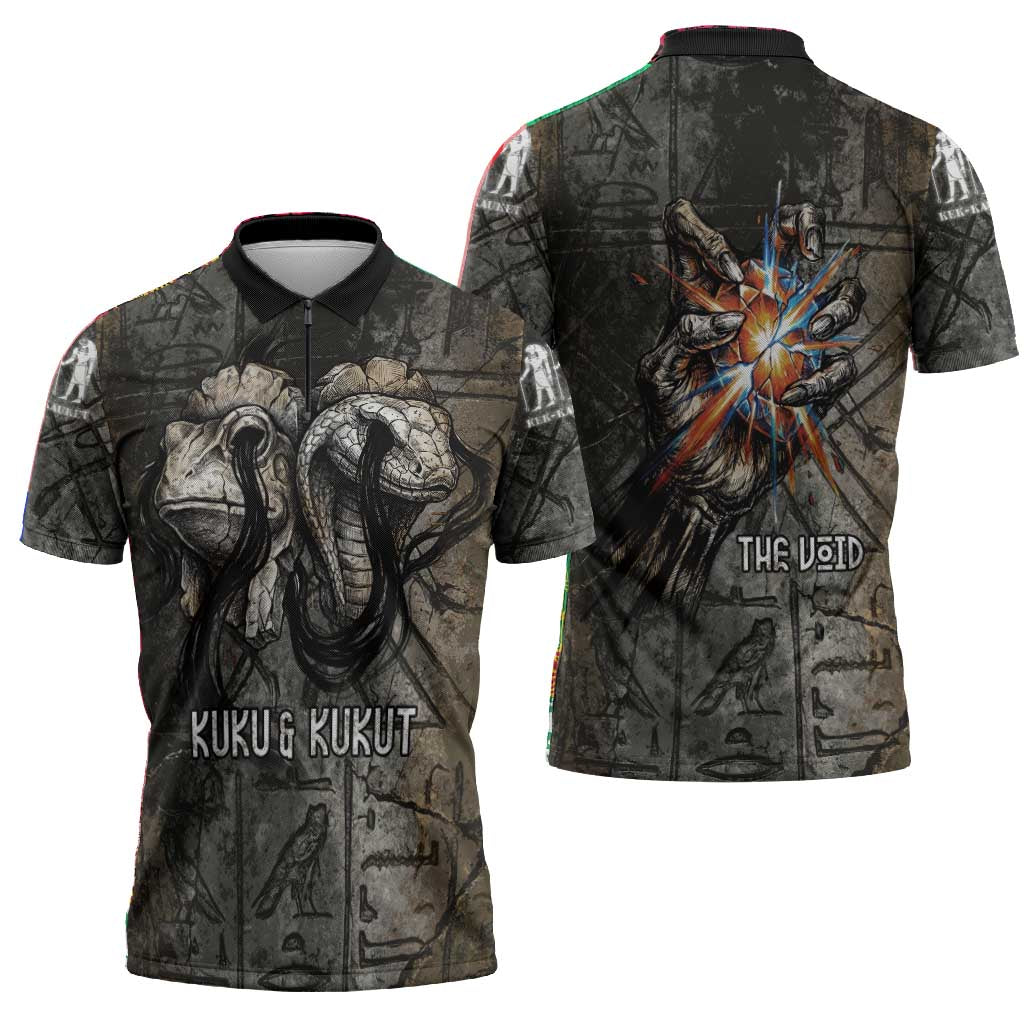 Egypt Kek and Kauket Zipper Polo Shirt Ancient Void Theme with Frog and Serpent Duality