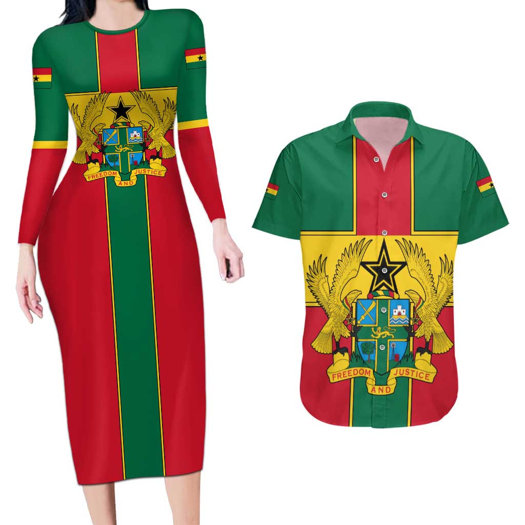 Ghana Flag Couples Matching Long Sleeve Bodycon Dress and Hawaiian Shirt with Coat of Arms Design