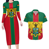 Ghana Flag Couples Matching Long Sleeve Bodycon Dress and Hawaiian Shirt with Coat of Arms Design