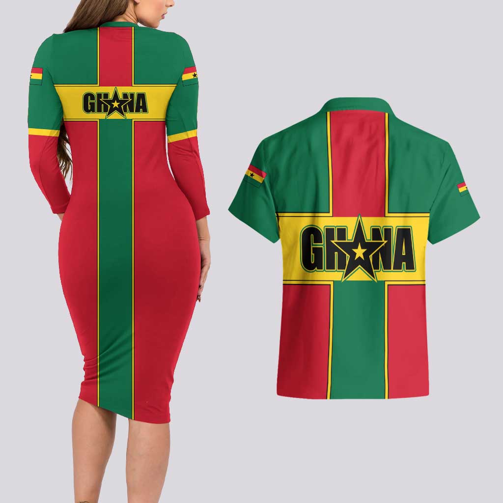 Ghana Flag Couples Matching Long Sleeve Bodycon Dress and Hawaiian Shirt with Coat of Arms Design