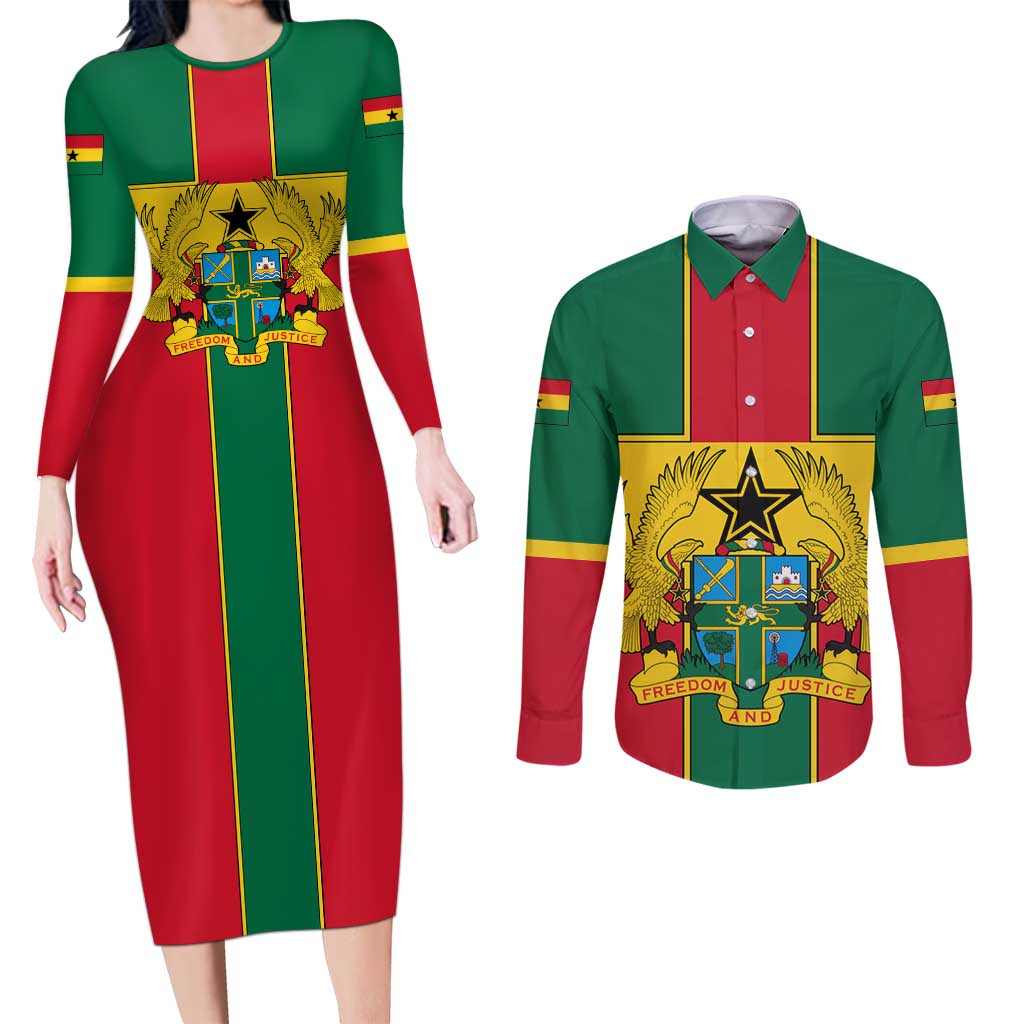 Ghana Flag Couples Matching Long Sleeve Bodycon Dress and Long Sleeve Button Shirt with Coat of Arms Design
