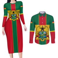 Ghana Flag Couples Matching Long Sleeve Bodycon Dress and Long Sleeve Button Shirt with Coat of Arms Design