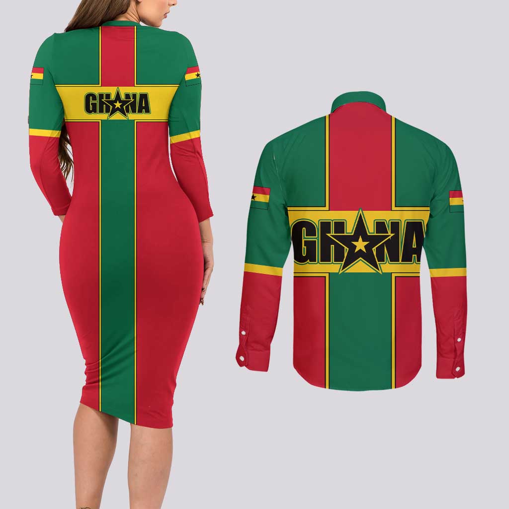 Ghana Flag Couples Matching Long Sleeve Bodycon Dress and Long Sleeve Button Shirt with Coat of Arms Design