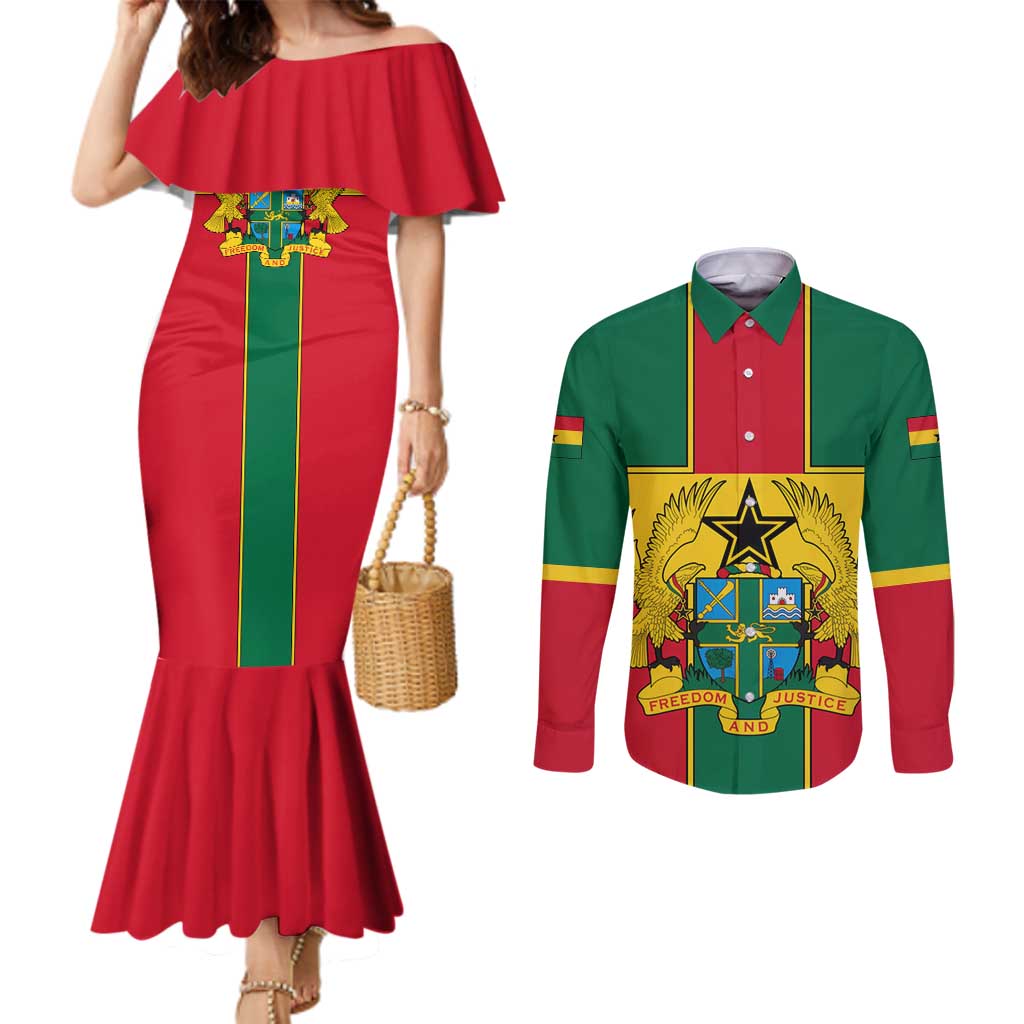 Ghana Flag Couples Matching Mermaid Dress and Long Sleeve Button Shirt with Coat of Arms Design