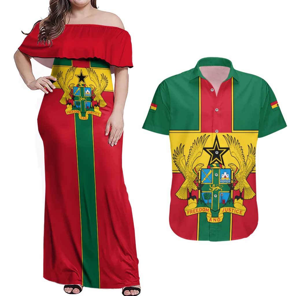 Ghana Flag Couples Matching Off Shoulder Maxi Dress and Hawaiian Shirt with Coat of Arms Design