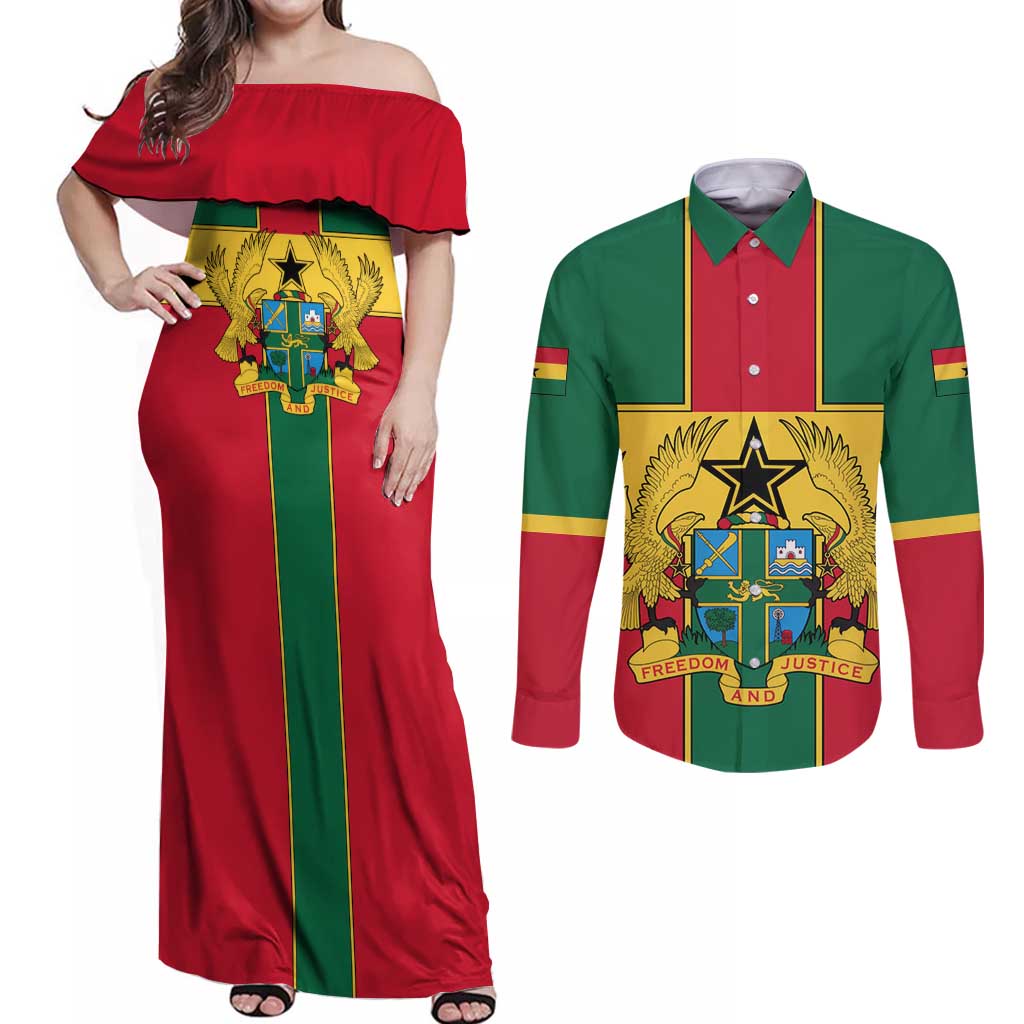 Ghana Flag Couples Matching Off Shoulder Maxi Dress and Long Sleeve Button Shirt with Coat of Arms Design