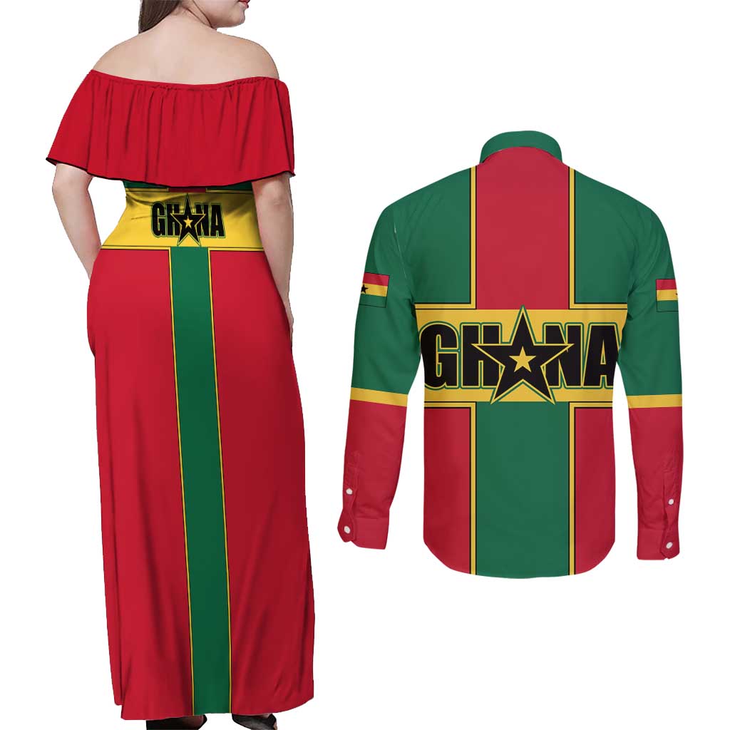 Ghana Flag Couples Matching Off Shoulder Maxi Dress and Long Sleeve Button Shirt with Coat of Arms Design