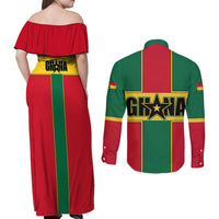 Ghana Flag Couples Matching Off Shoulder Maxi Dress and Long Sleeve Button Shirt with Coat of Arms Design
