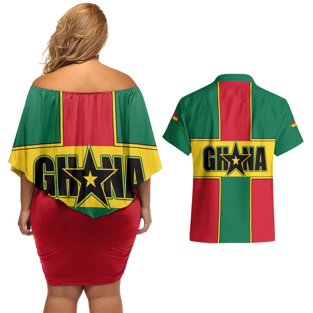 Ghana Flag Couples Matching Off Shoulder Short Dress and Hawaiian Shirt with Coat of Arms Design