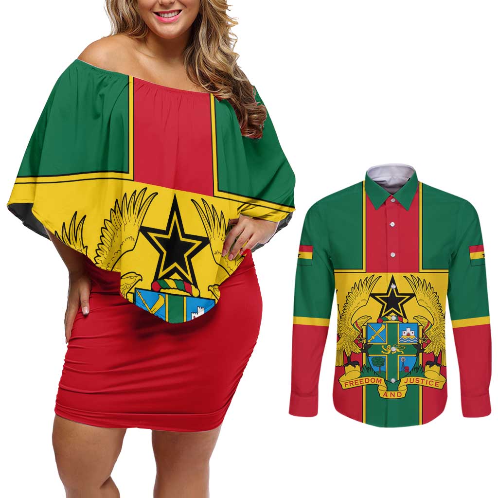 Ghana Flag Couples Matching Off Shoulder Short Dress and Long Sleeve Button Shirt with Coat of Arms Design