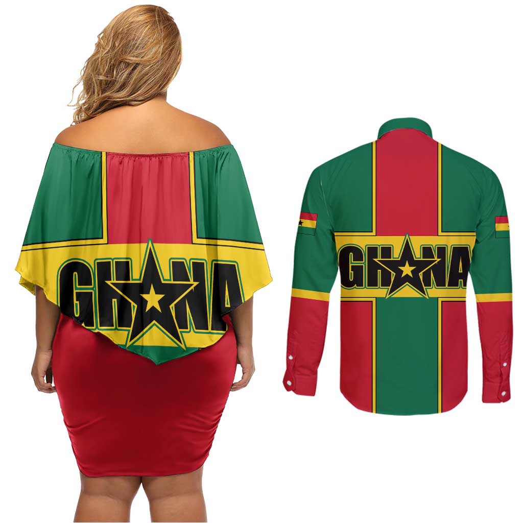 Ghana Flag Couples Matching Off Shoulder Short Dress and Long Sleeve Button Shirt with Coat of Arms Design