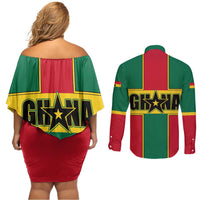 Ghana Flag Couples Matching Off Shoulder Short Dress and Long Sleeve Button Shirt with Coat of Arms Design