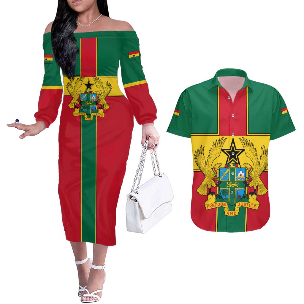 Ghana Flag Couples Matching Off The Shoulder Long Sleeve Dress and Hawaiian Shirt with Coat of Arms Design