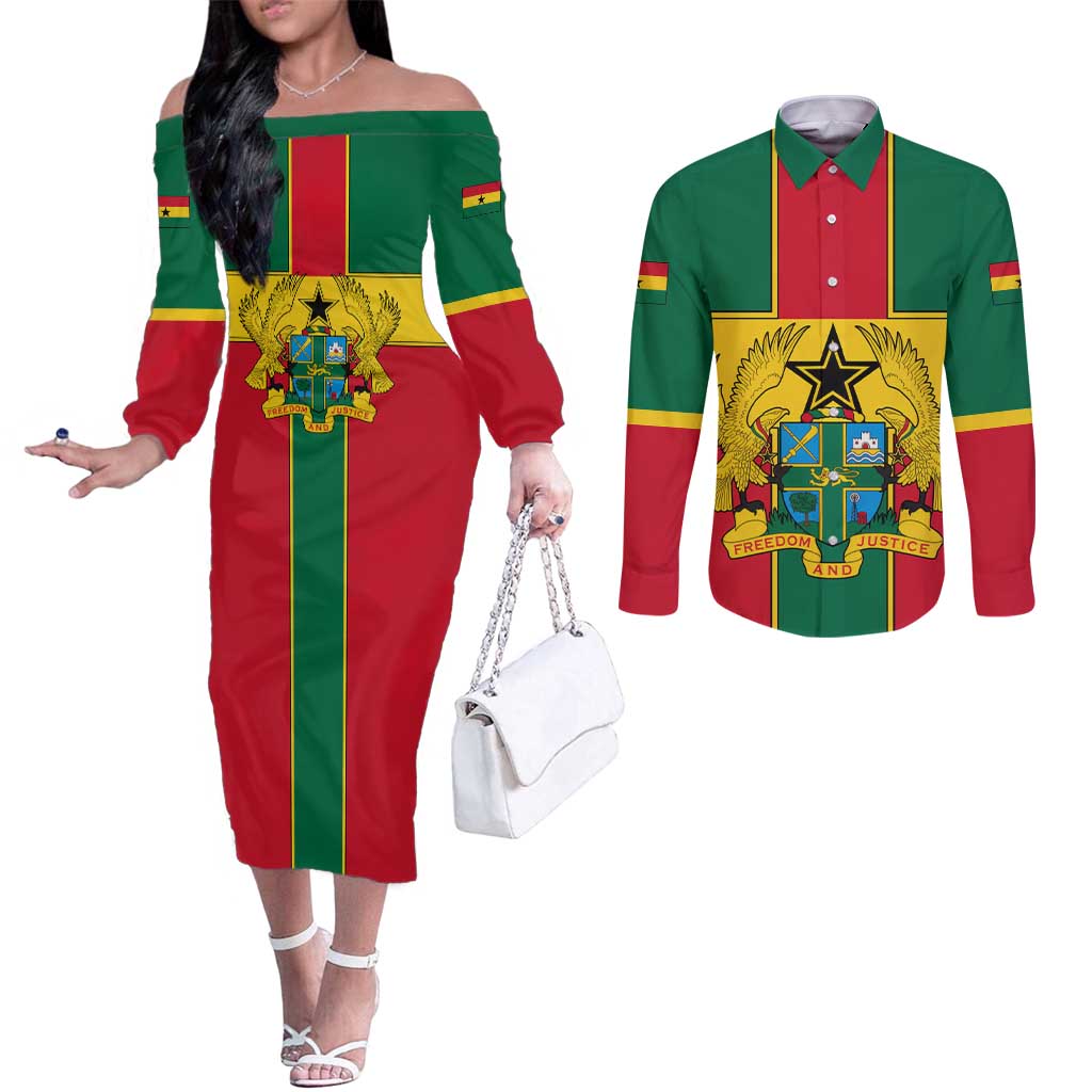 Ghana Flag Couples Matching Off The Shoulder Long Sleeve Dress and Long Sleeve Button Shirt with Coat of Arms Design