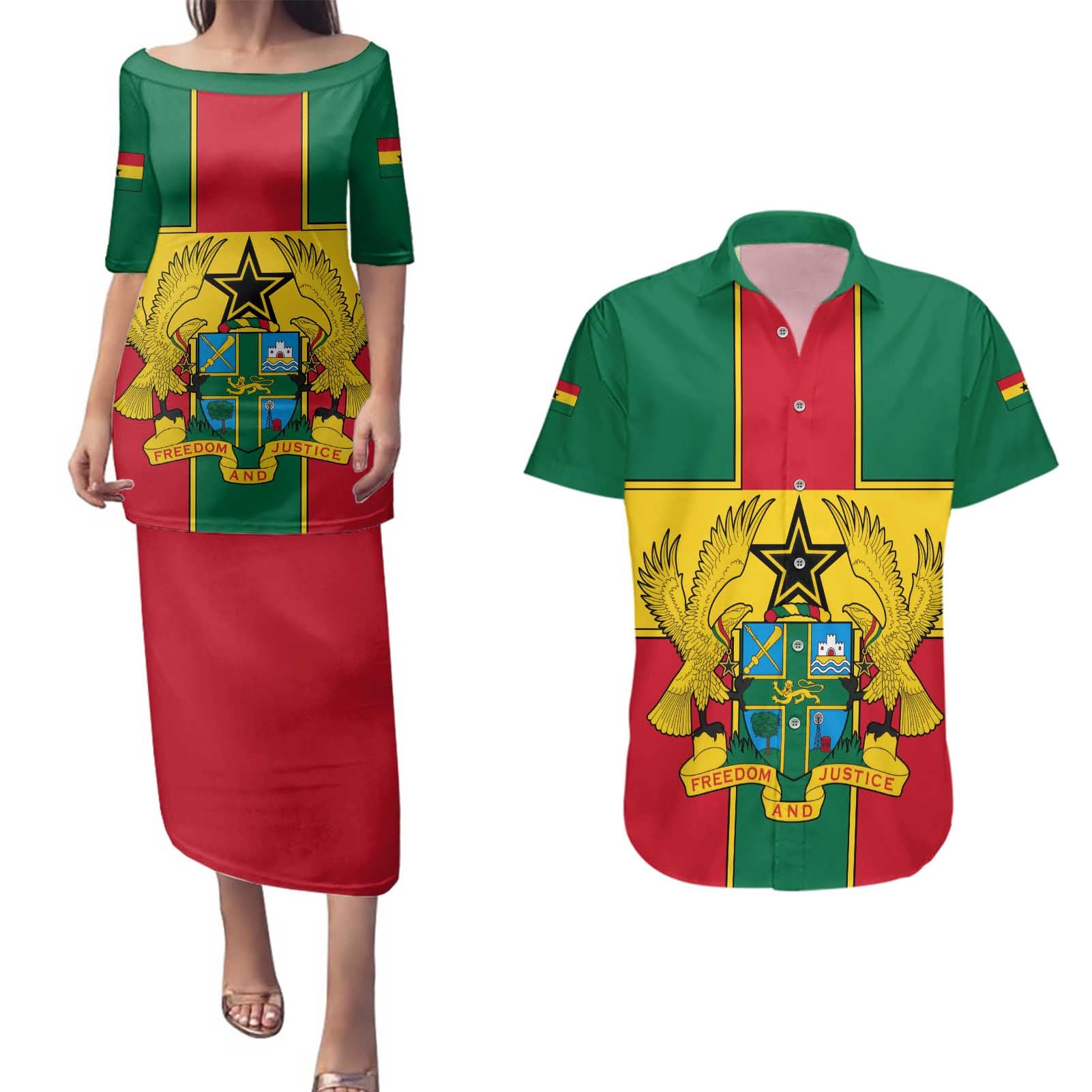 Ghana Flag Couples Matching Puletasi and Hawaiian Shirt with Coat of Arms Design