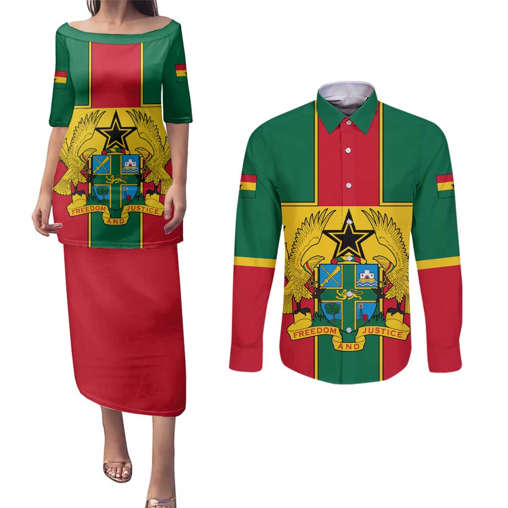 Ghana Flag Couples Matching Puletasi and Long Sleeve Button Shirt with Coat of Arms Design