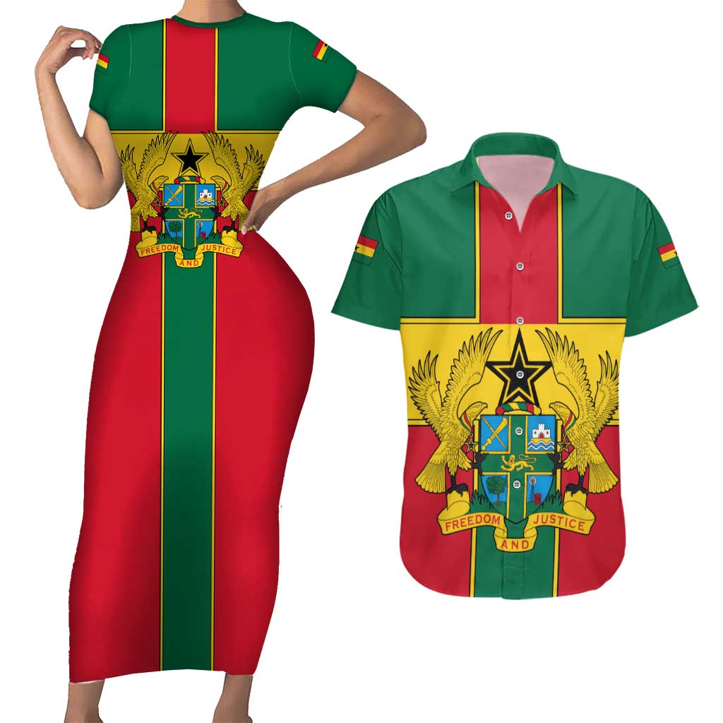 Ghana Flag Couples Matching Short Sleeve Bodycon Dress and Hawaiian Shirt with Coat of Arms Design