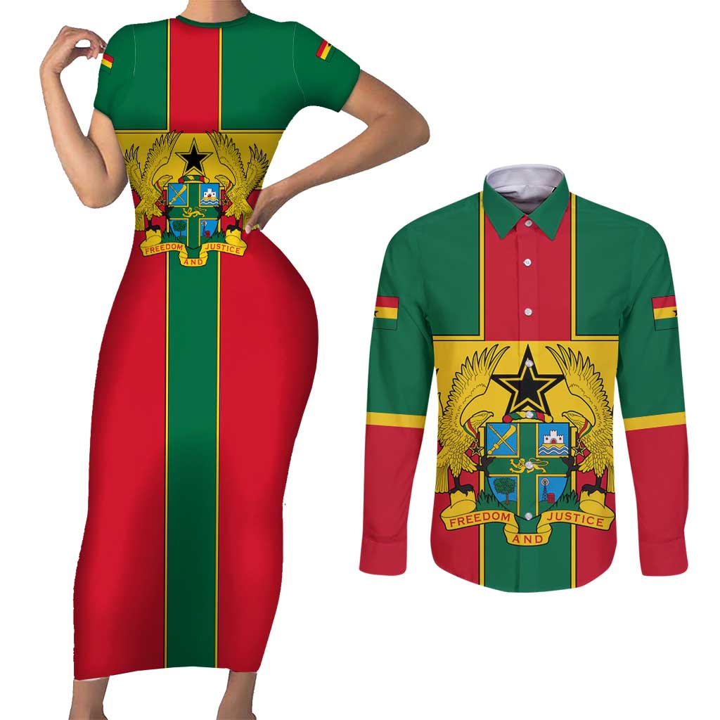 Ghana Flag Couples Matching Short Sleeve Bodycon Dress and Long Sleeve Button Shirt with Coat of Arms Design