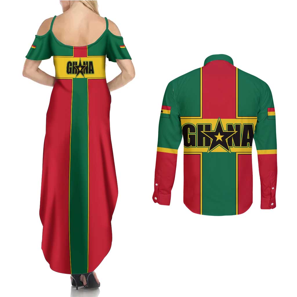 Ghana Flag Couples Matching Summer Maxi Dress and Long Sleeve Button Shirt with Coat of Arms Design